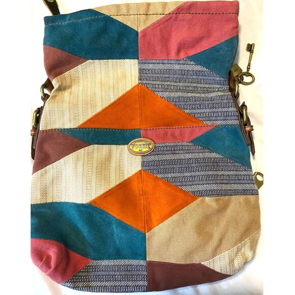 Fossil Patchwork Suede canvas Fold over messenger Top Handle Boho Charms - Picture 5 of 9